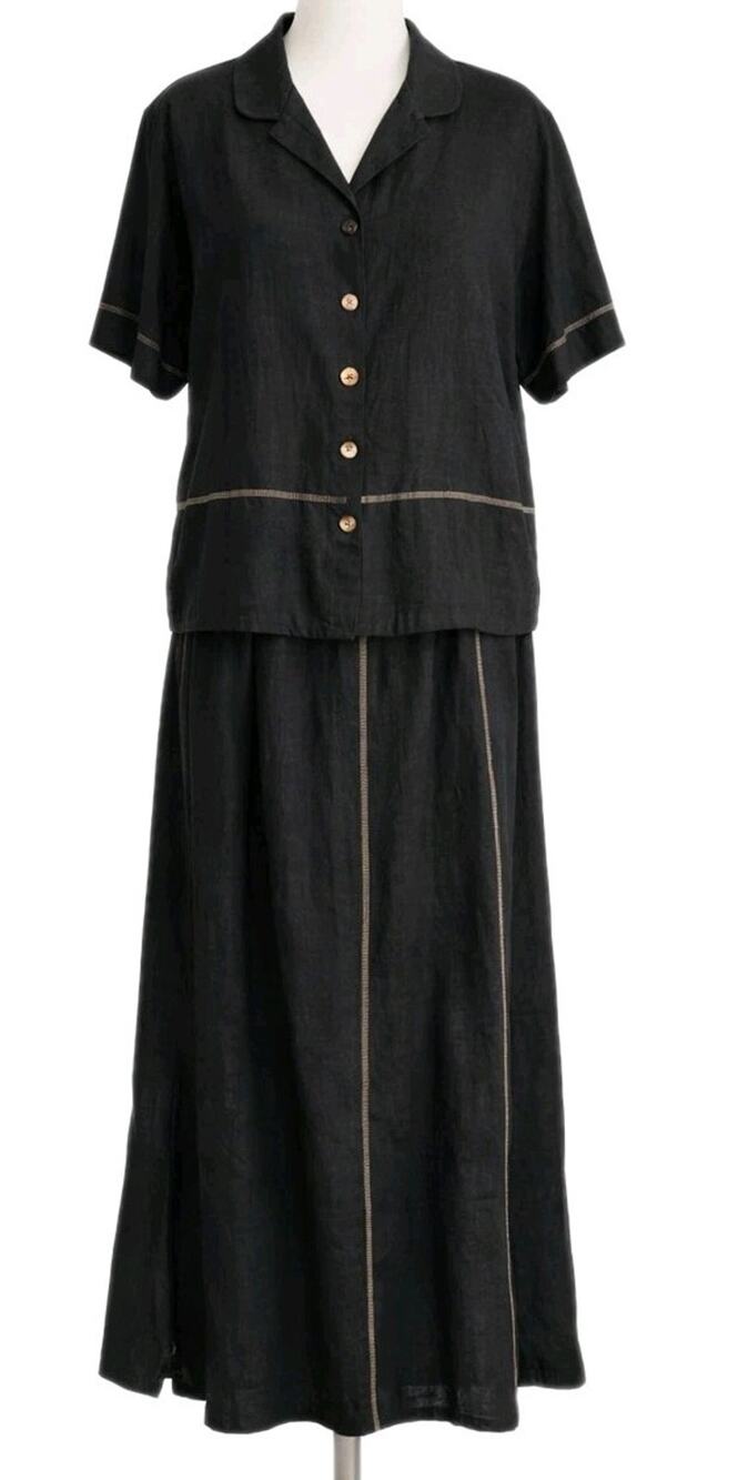 Vtg Bonnie Boynton Flax Linen Skirt Set Black Women L Boho Minimalist Outfit